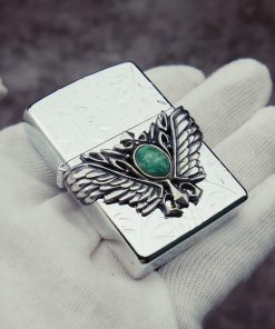ZIPPO CHÍNH HÃNG HOA VĂN MẠ BẠC ĐÍNH ĐÁ NGỌC LAM